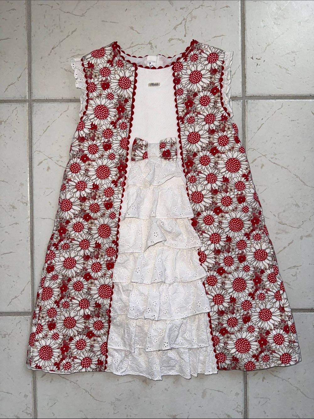 Red & White Floral Eyelet Layered Dress